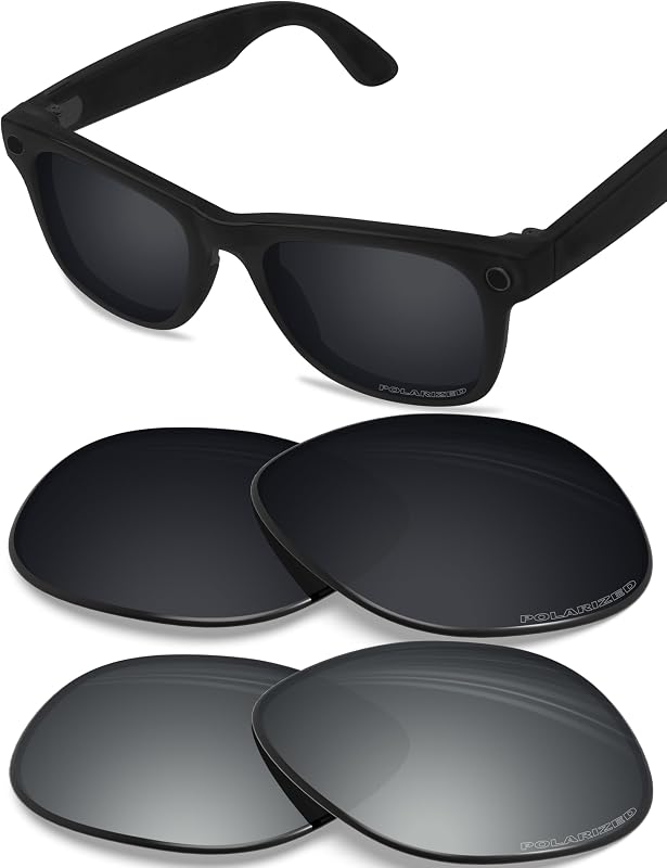 BLAZERBUCK Anti-salt Polarized Replacement Lenses Compatible with Ray-Ban Meta Wayfarer RW4008 | RW4012 (Gen 2) 53mm Smart Glasses - Black & Silver Chrome