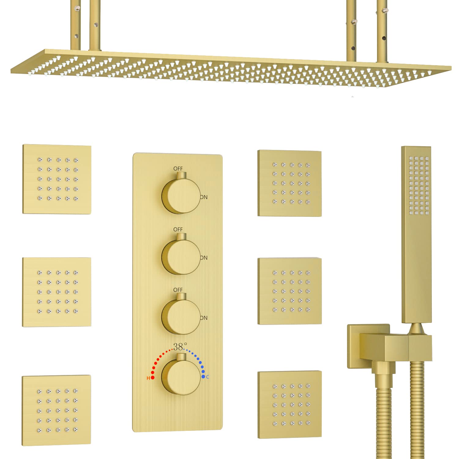 Brushed Gold Thermostatic Rainfall Shower System with Body Jets ...