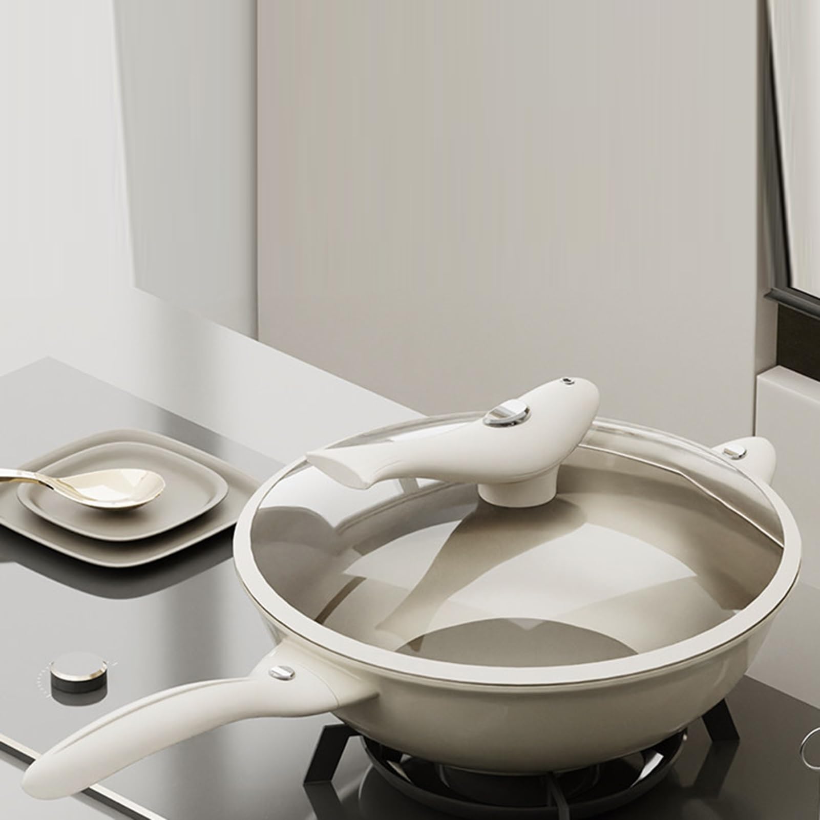 Genérico Wok, Con Mango Integrado, Woks De Fondo Plano Pre-sazonados Aleación Titanio Tapa Vidrio, Utensilios Cocina Resistentes(30cm)