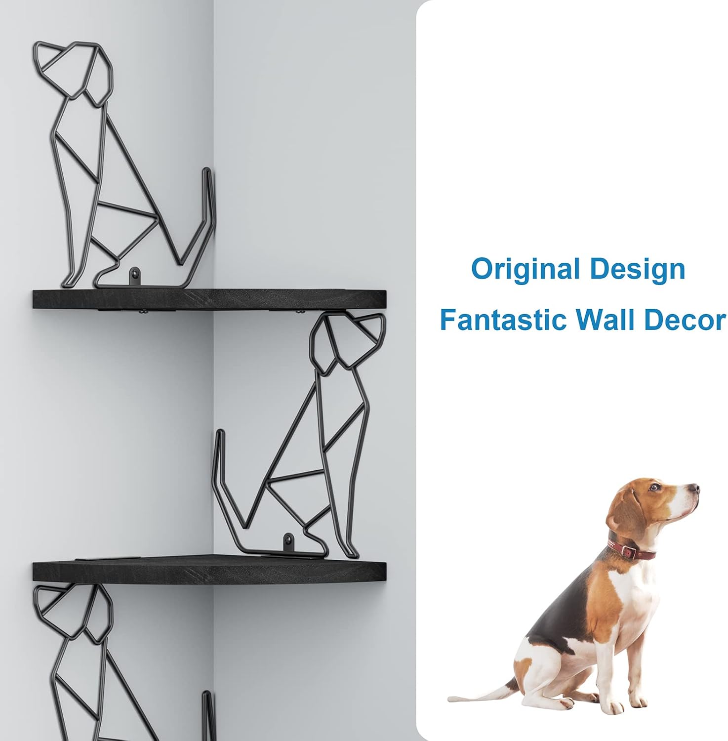 Alsonerbay Black Corner Shelf Wall Mount, 4 Tier Floating Shelves for Wall Storage, Rustic Wall Shelves Wood Shelves for Bedroom, Living Room, Bathroom, Entryway, Garage (Dog Shaped)