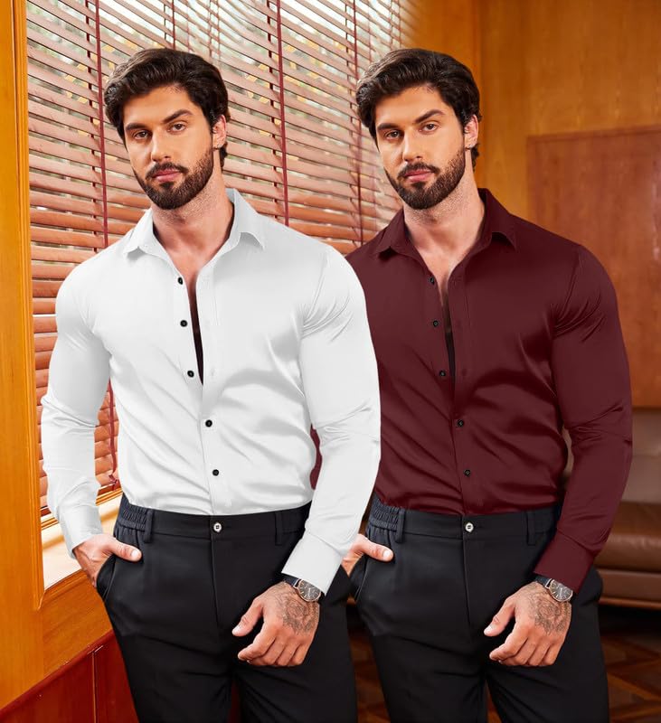 Image of Combo of Men's Premium Satin Cotton Shirt with Full Sleeves & Spread Collar | Smooth Finish | Slim Fit | Stylish Button Down Shirt for Evening, Casual Pack of 2