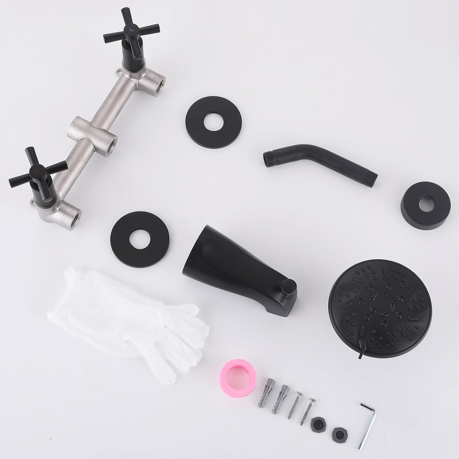 2 Handles Shower Faucet Set with Tub Spout,Bath Tub Shower Faucet Combo Set,2 Knobs Complete Tub and Shower Trim Kit with Valve,Wall Mounted,Matte Black