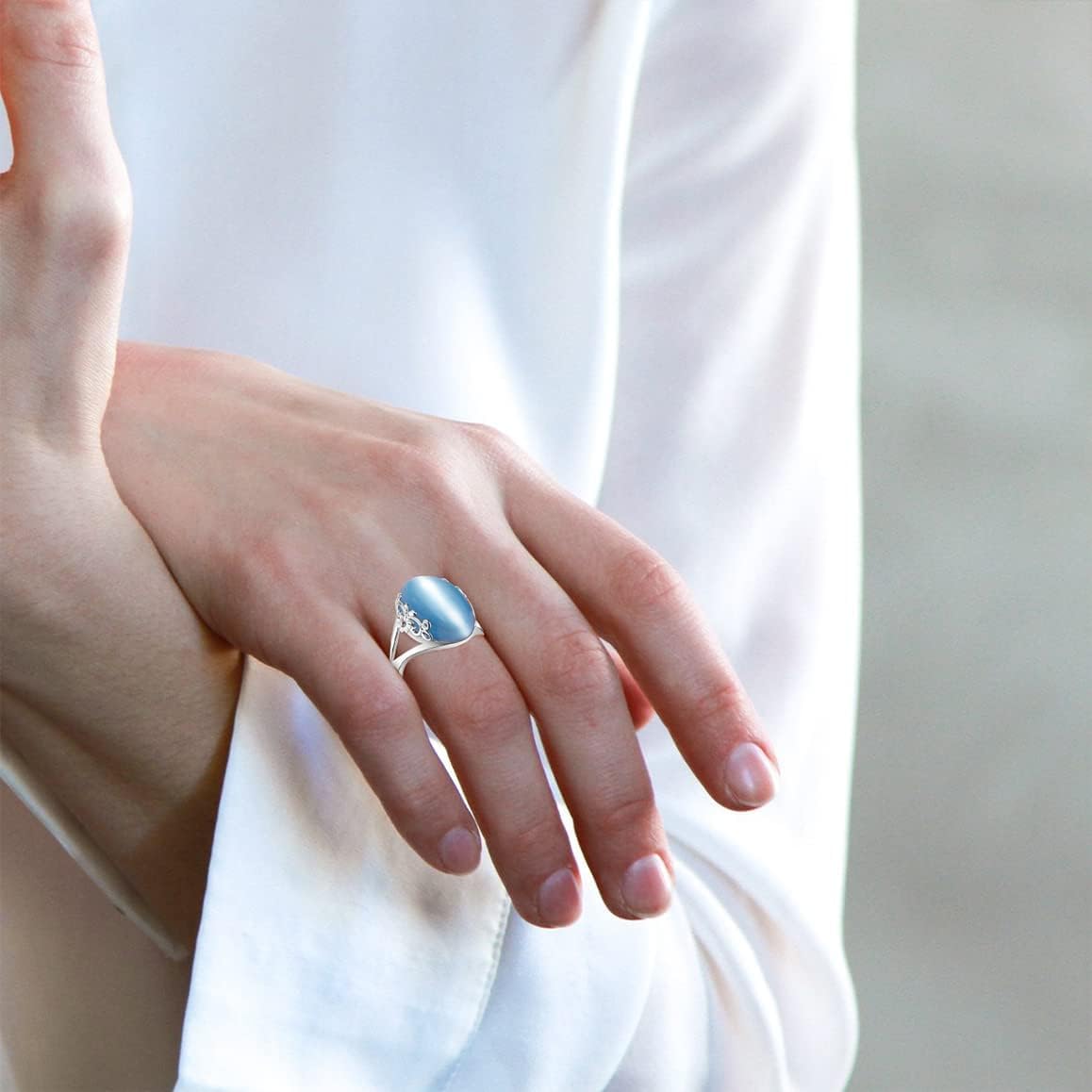 Genuine Cat Eye Stone Crystal Quartz flower Ring,Cute Dainty S925 Sterling Silver Turkish Turkey Gem Stone Ring Jewely for Women - Image 3