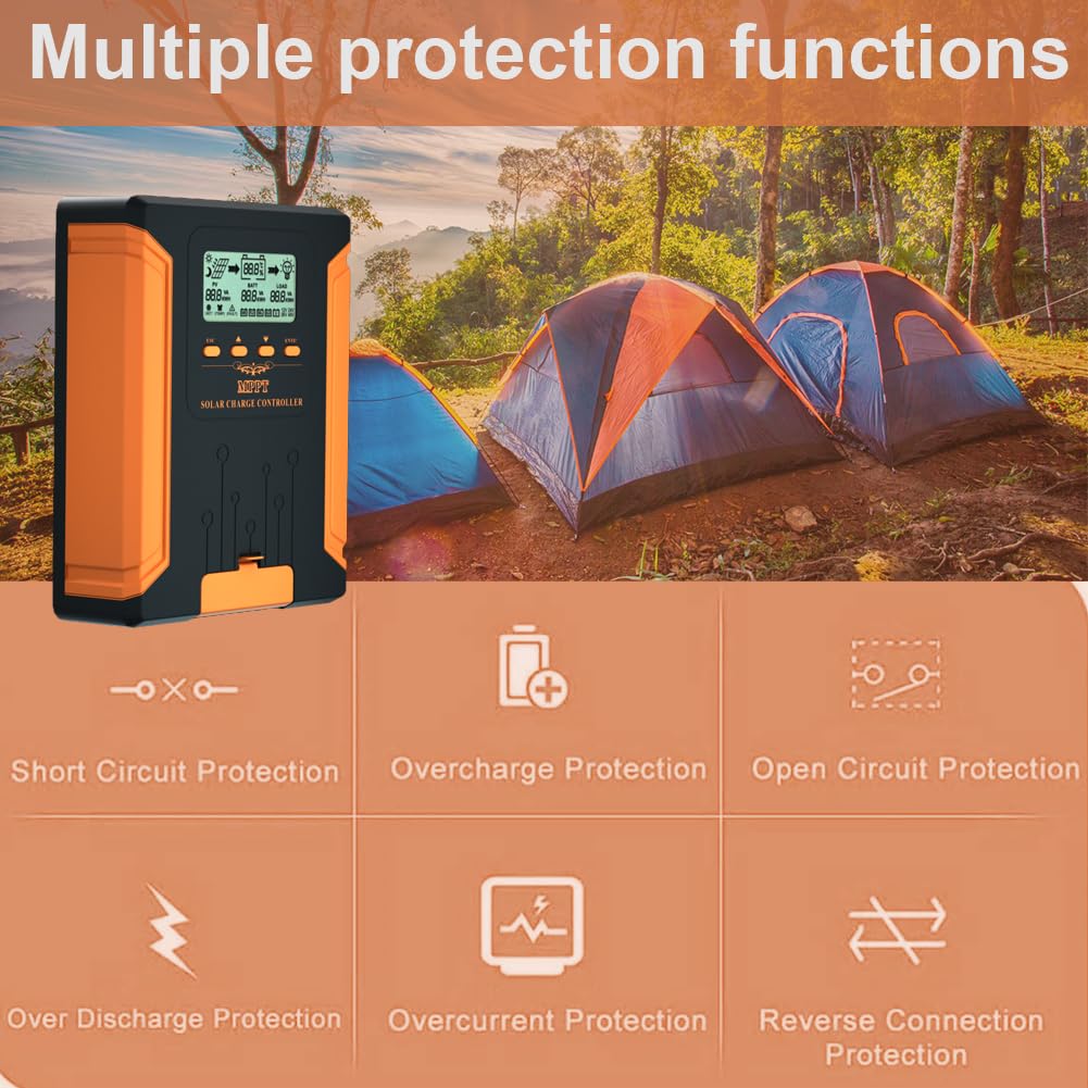 Diagram illustrating multiple protection functions of the SolaMr MPPT Solar Charge Controller: Short Circuit Protection, Overcharge Protection, Open Circuit Protection, Over Discharge Protection, Overcurrent Protection, Reverse Connection Protection.