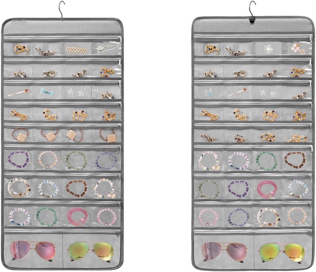 Travel Jewelry Organizer Dual Sided Hanging Earring Holder Bracelet Storage Rolls Rings Display Case with 68 Zippered Pockets (PURPLE)
