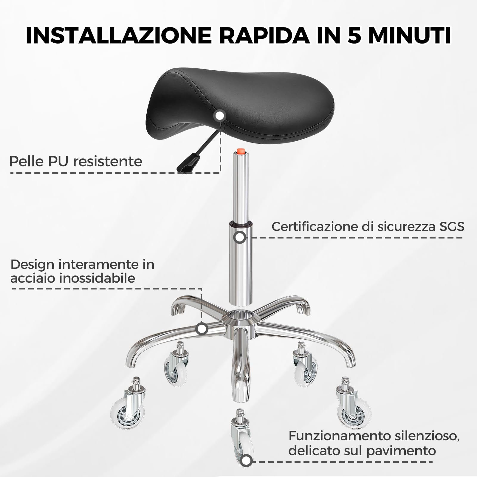 BEWISHOME Sgabello a Sella Ergonomico con Ruote, Regolazione Idraulica dell’Altezza, Ampio Cuscino di Seduta, Adatto per Saloni di Parrucchiere e Bellezza, Centri Massaggi e Benessere (Nero)