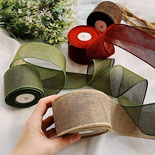 Jack Chloe 32Yards 2-1/2'' Christmas Ribbon Wired, Burlap Ribbon Rolls In Spring Green Scarlet Dark Brown Khaki, Prefect Wired Christmas Ribbon For Decor Gift Wrapping Christmas Tree Bows Wedding. #TOP2
