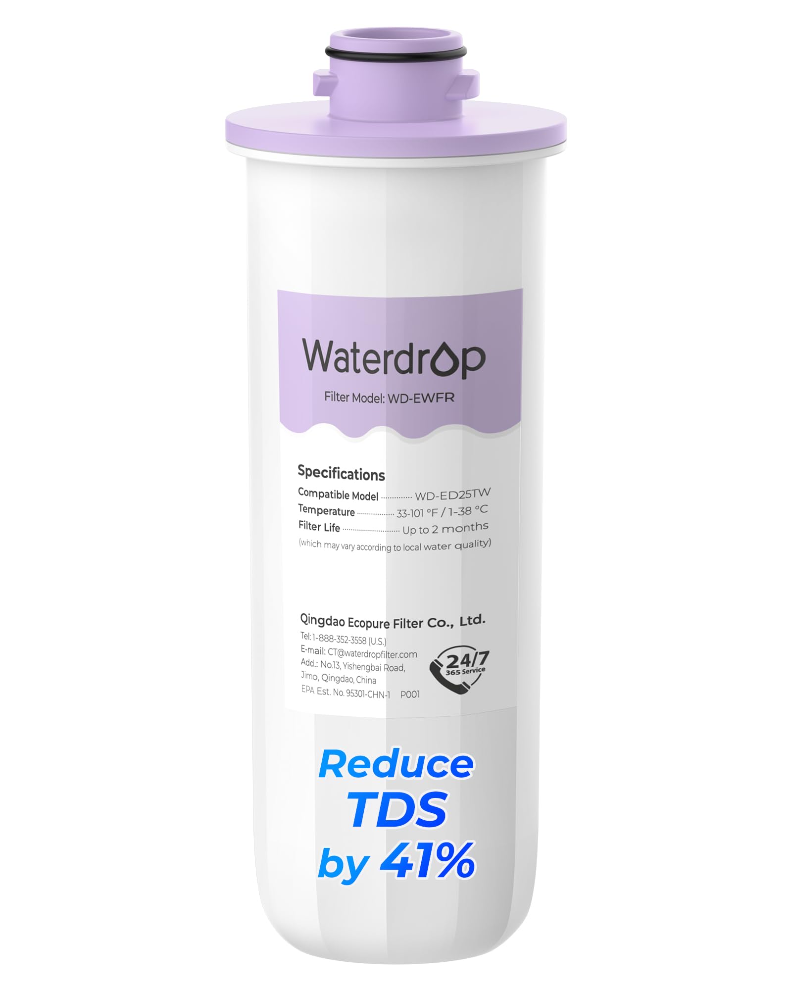 Waterdrop WD-EWFR Replacement Filters for Waterdrop Rechargeable Dispenser WD-ED25TW, Reduce TDS by 41%, Retains Key Minerals, Improve Flavor, 1 Pack