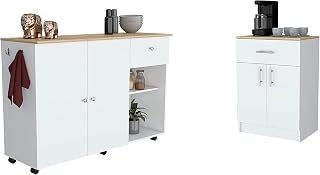 Complete 2-Piece Kitchen Island Set with Pantry Cabinet, White and Light Oak, Easy No-Tools Assembly via Interlocking System & Pre-Drilled Holes, Ready-to-Assemble Storage Solution