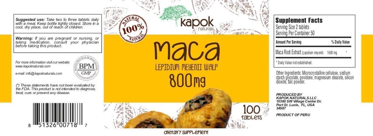 Kapok Naturals Maca Root (100 x 800mg Maca Root Tablets) Peruvian Maca Root for Men & Maca for Women. Alleviate Stress, Fatigue and Increase Energy. Maca Root Pills also available in Maca Capsules
