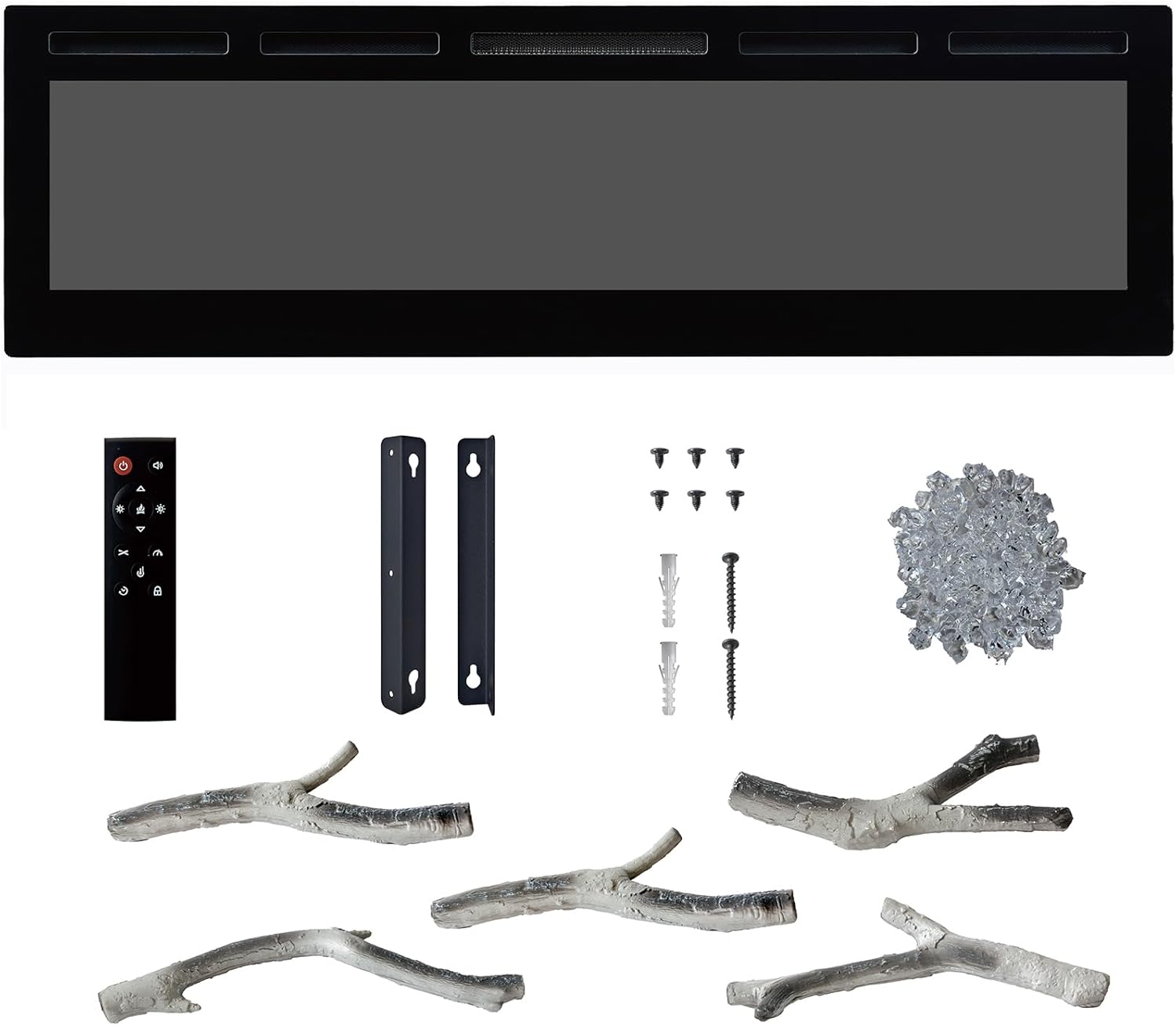 All components included with the PeakPursuit electric fireplace: fireplace unit, remote control, mounting brackets, screws, acrylic crystals, and birch logs.
