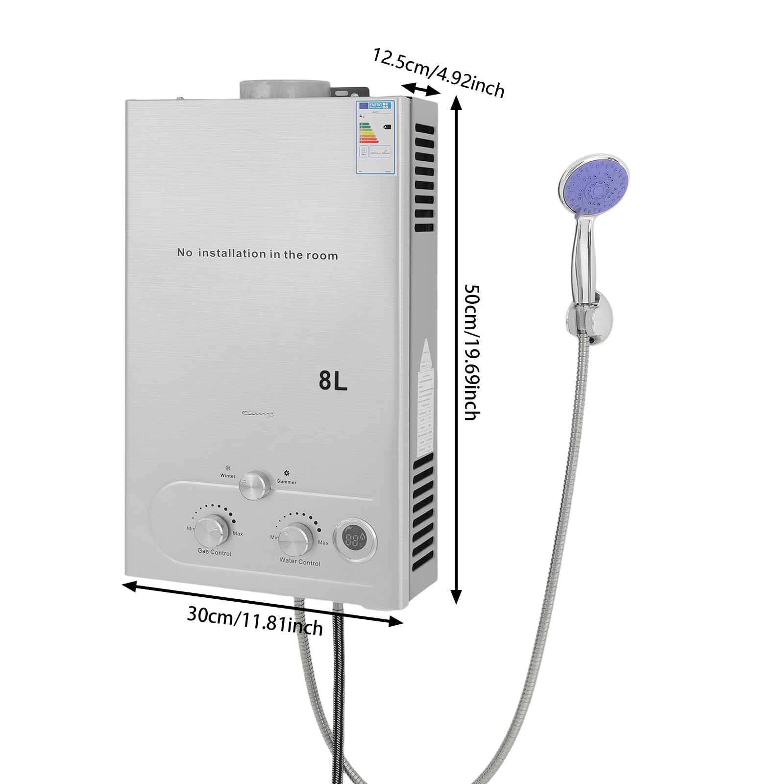 Gas Durchlauferhitzer 8L, 18KW LPG Gasdurchlauferhitzer mit Duschkopf, Sommer-Winter-Muster, Mehrfachschutz, 0,2 bar Startwasserdruck für Zuhause Wohnmobile