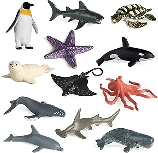 Nesloonp Sea Life Animals Figures Pack - 12 Realistic Ocean Toy Animals, Including Sharks, Penguins, Whales, Dolphins, and More - Perfect for Bath or Cake Toppers, Educational Toys for Kids