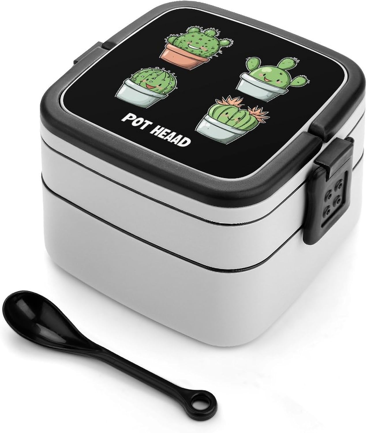 Funny Pot Head Succulent Bento Box with Spoon 2 Layer Food Container Cute Lunch Box for Travel Dining Work