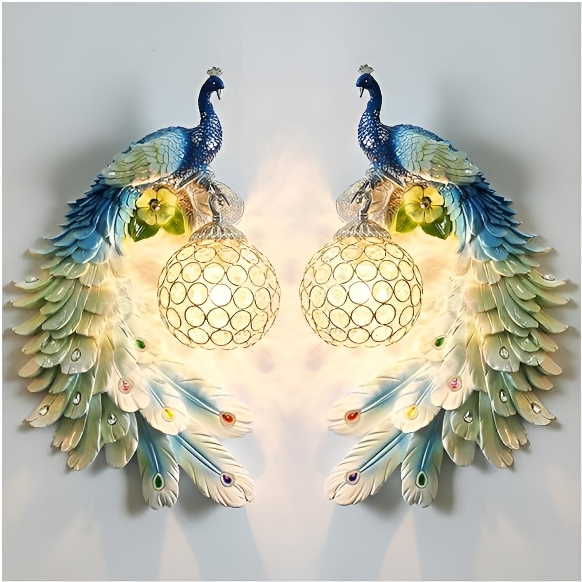 Modern Peacock Wall Sconce | Resin Decorative Wall Lamp and Crystal Accents | European Retro Style Wall Light for Home Decor | Multicolour | Bulb Not Included
