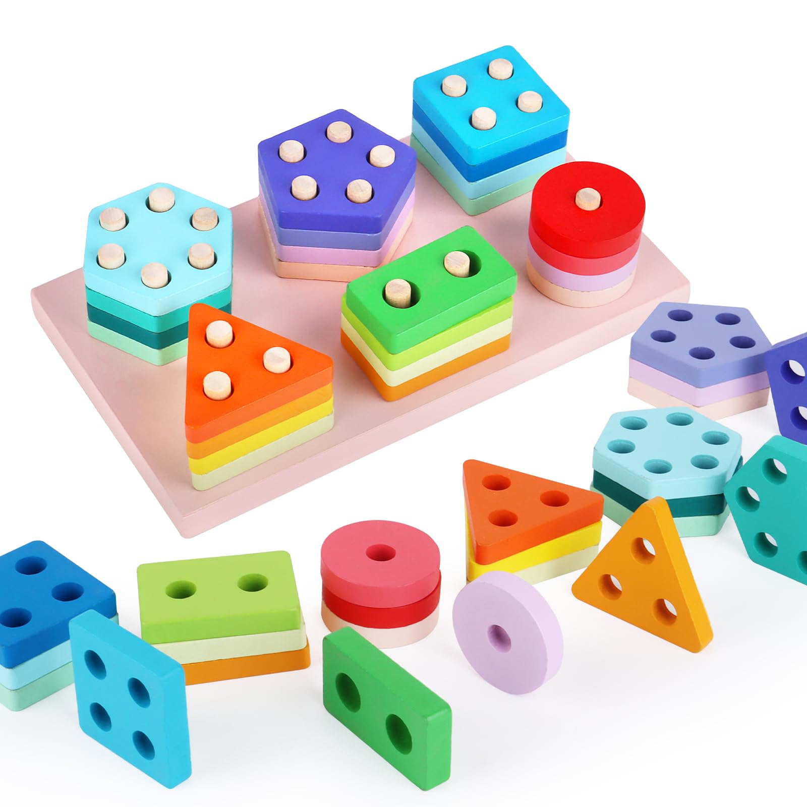 ENIKMOSD Giocattoli Montessori da Impilare e Ordinare 1 2 3 4 Anni,Forme Geometriche Ordinamento e Impilamento in Legno con Gioco di Pesca xilofono Puzzle Giochi Educativi Regalo per Bambini