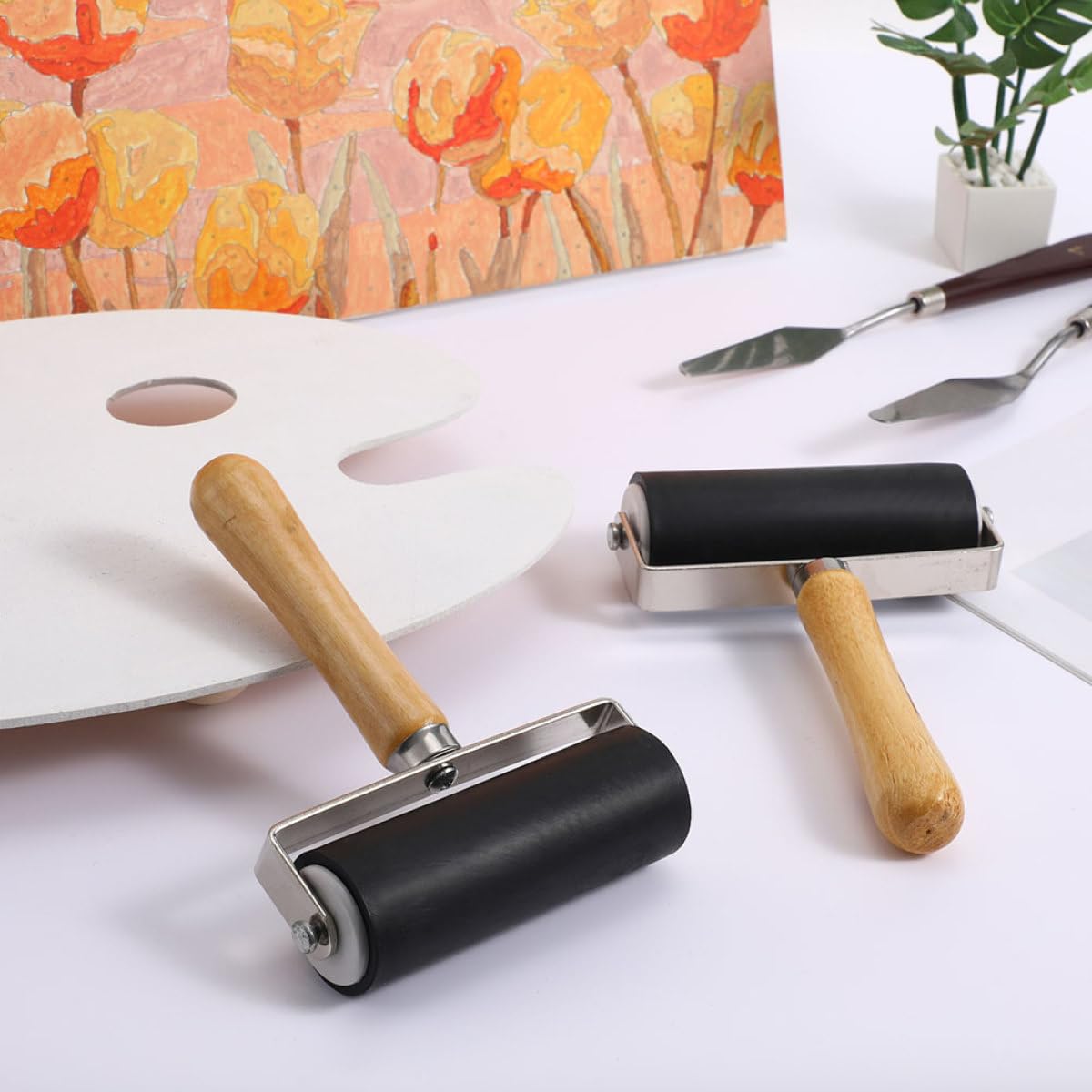 SHERCHPRY 4 Stück Kunststoff Druckwalze mit Holzgriff Leichte Farbwalzen für Gleichmäßigen Farbauftrag bei Kunstdruck und Bastelarbeiten