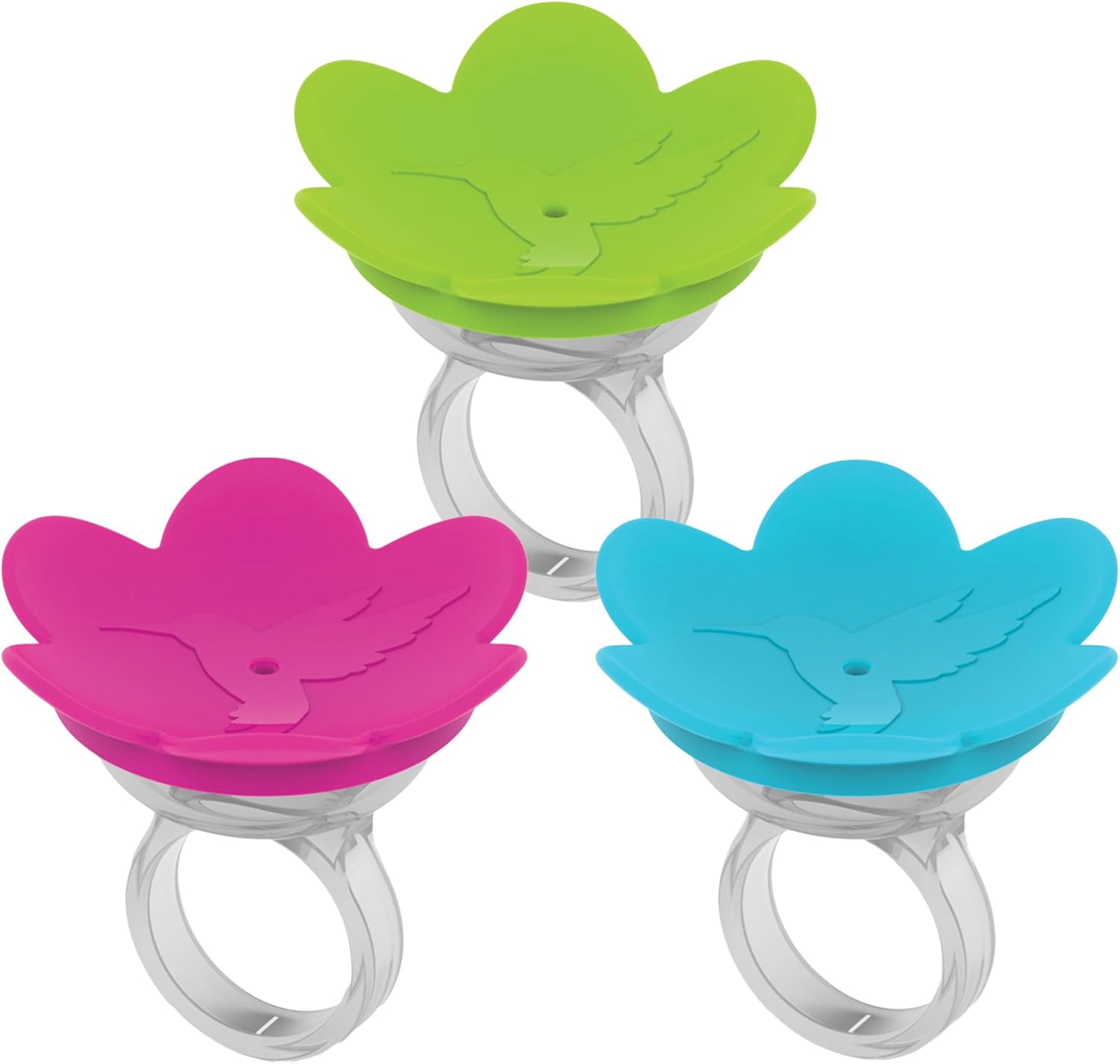 (Similar to photo) (bidding on 68) 3-Pack - ZUMMR Hummingbird Ring Feeder - Hand Feed Hummingbirds Right in Your Backyard. Get up Close and Personal with Nature. Proudly Made in The U.S.A. - The Original Pink, Green, Blue