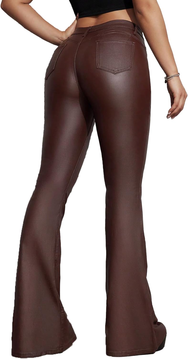 Women's Faux Leather Coated Flare Pants Mid Waist PU Skinny Black Leggings Bell Bottom Pants with Pockets - Image 4