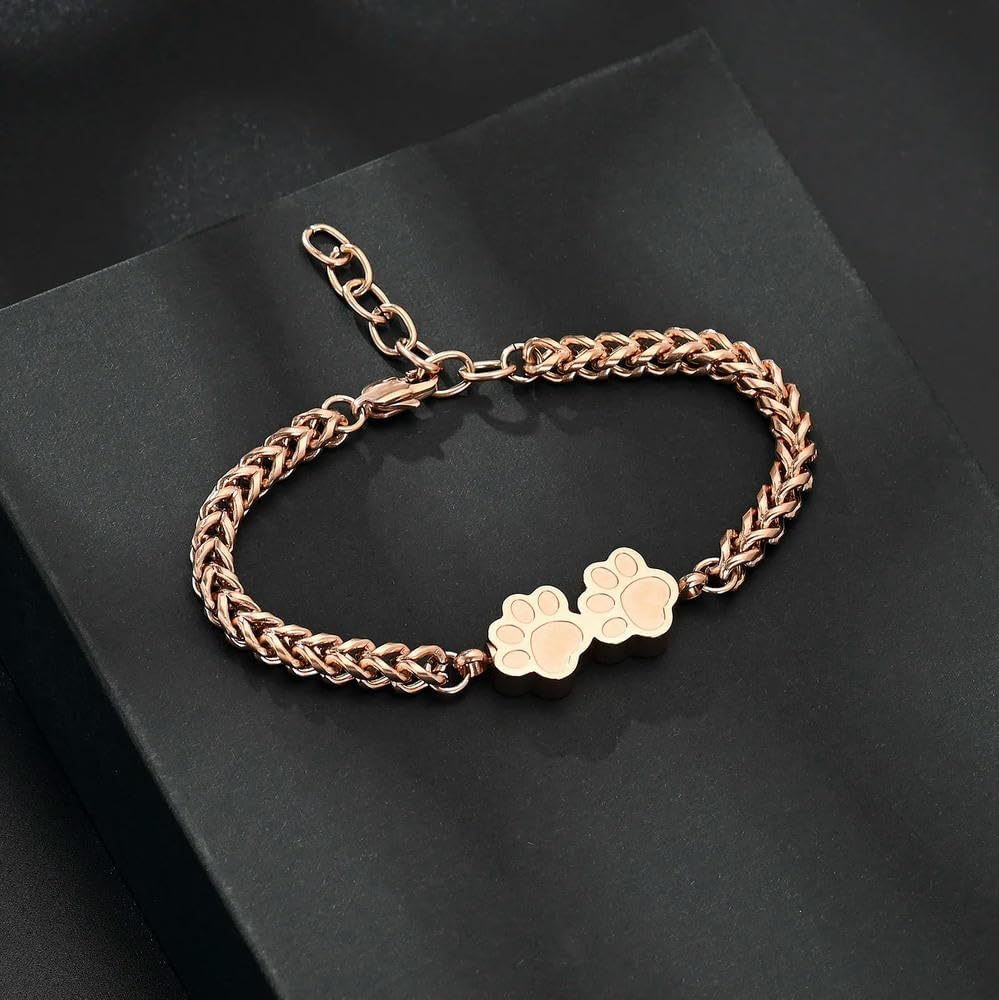 Customized Urn Bracelet Double Dog Paw Design Stainless Steel Snake Chain Adjustable Pet/Human Ashes Holder Elegant Gift Jewelry-A