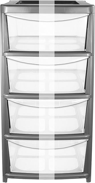 CrazyGadget® Plastic Large Tower Storage Drawers Chest Unit - MADE IN U.K. (4 Drawers, Silver)