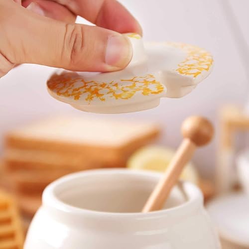 Miniatura 3 de Kitchenexus - Tarro de miel de cerámica de 13.3 onzas con tapa y recipiente de madera para cocina del hogar, recipiente de miel de porcelana para