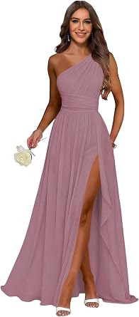CuteMe Ruffle Bridesmaid Dresses for Women Long One Shoulder Chiffon Long Formal Evening Dress with Slit CC034