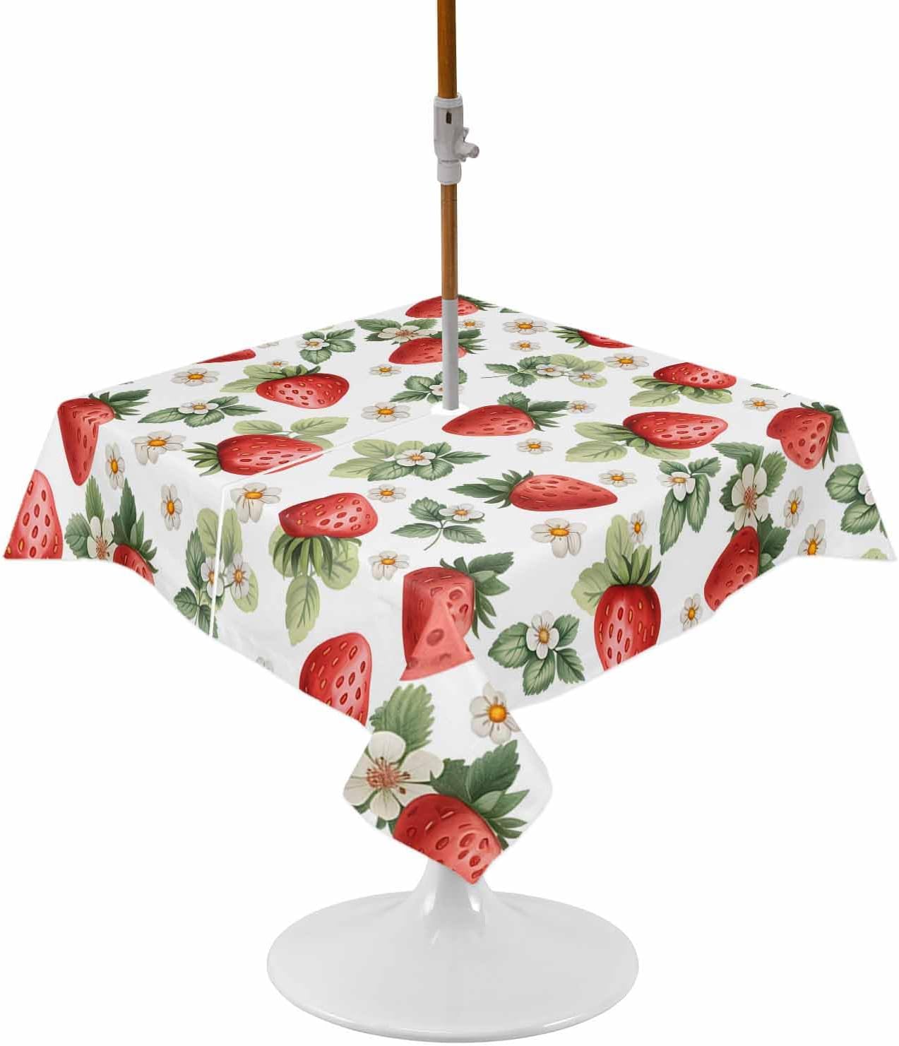 Outdoor Tablecloth with Umbrella Hole & Zipper, Strawberry Rectangle Tablecloth 60x84 Inch, Spring Floral Summer Botanical Green Patio Table Cover Waterproof Table Cloth for Picnic/Party