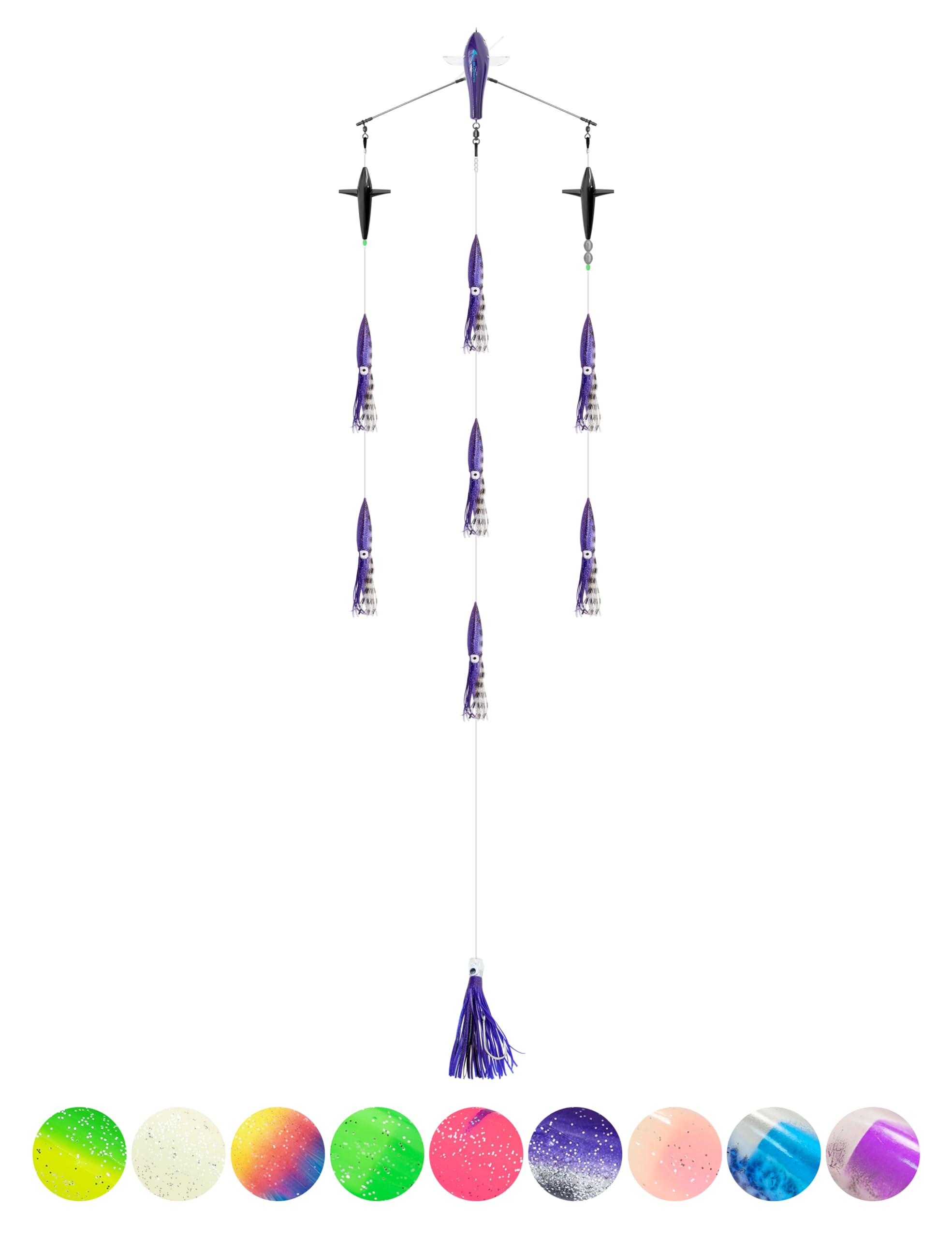 BLUEWING 18in Upgraded Fishing Spreader Bar Starboard Canyon with 9in Floating Squids, Trolling Birds, Big Game Trolling Lure and 316 Stainless Steel Rod for Wahoo Tuna Marlin Mahi Mahi, Black/Purple