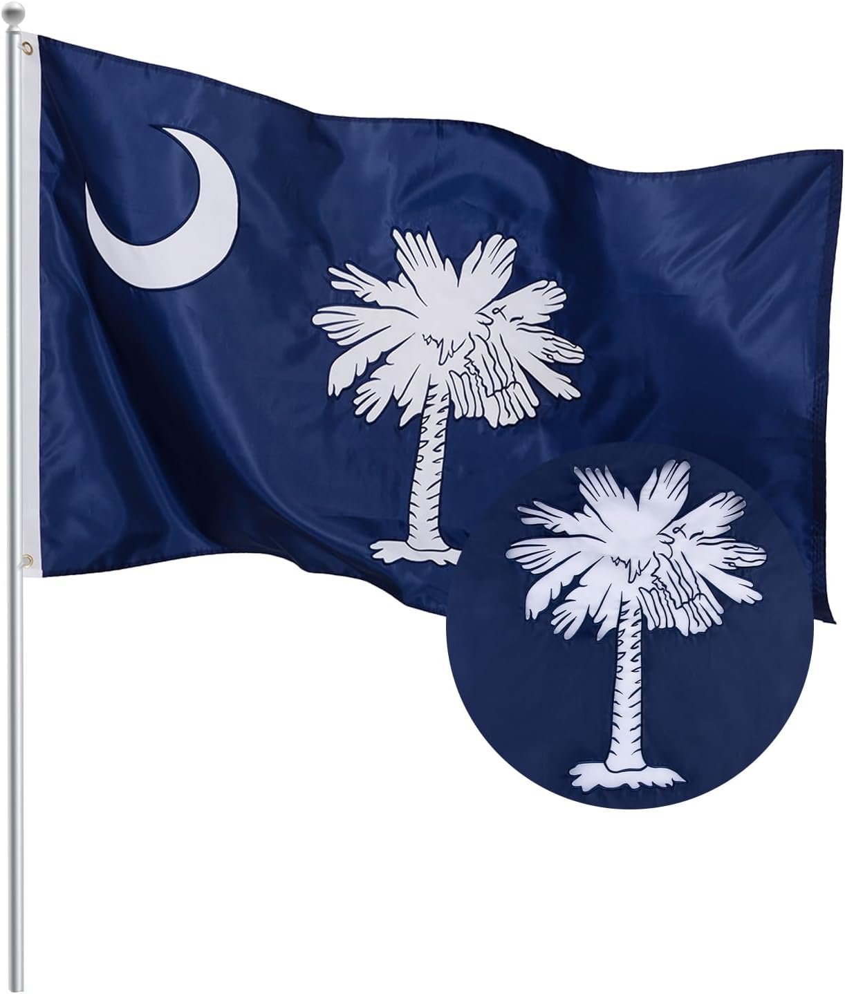 South Carolina State Flag 3x5 Ft Heavy Duty Outdoor Flag with Embroidered Palmetto Tree, Crescent Moon & Stars, Reinforced 4-Row Stitching, Brass Grommets for All Weather Use