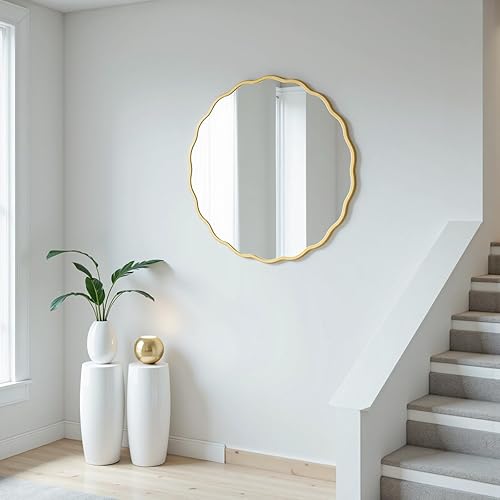 Miniatura 7 de H HOMEWINS Espejo de pared circular de 28 pulgadas, espejo redondo decorativo ondulado dorado, espejo de madera de tocador de granja, espejo de