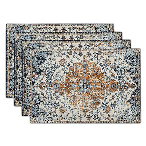 Image of Brown Navy Blue Ethnic Boho Placemats Set of 4 Bohemian Carpet Vintage Gold Black Tan Floral Linen Washable Kitchen Dining Table Mats Stain Heat-Resistant Desktop Place for Home Party 12x18 in