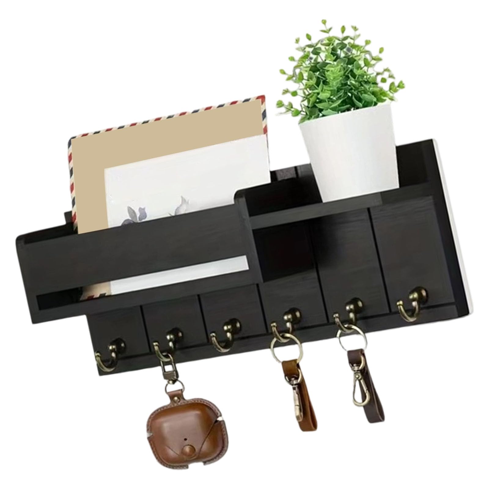 Beimus Wooden Wall Mount Mail Rack Including 6 Hooks Ideal for Letters Keys and Small Belongings Wall Mounted Shelf