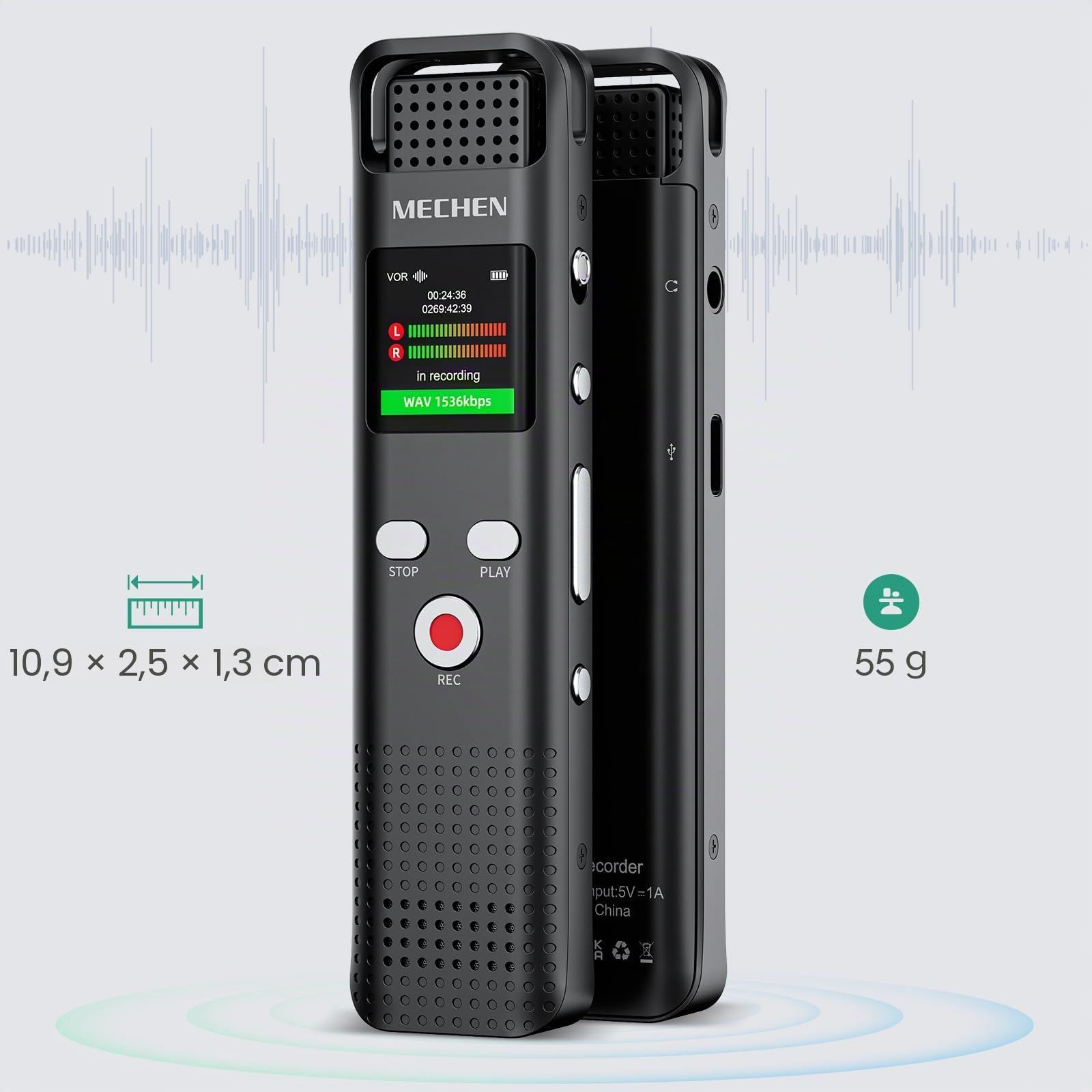 MECHEN 64GB Grabadora de Voz Digital, 1536 kbps con Reproductor de MP3, Calidad de Sonido HD, Reducción de Ruido, Grabación Activada por Voz, Función de Grabación para Conferencias y Ponencias (V02)