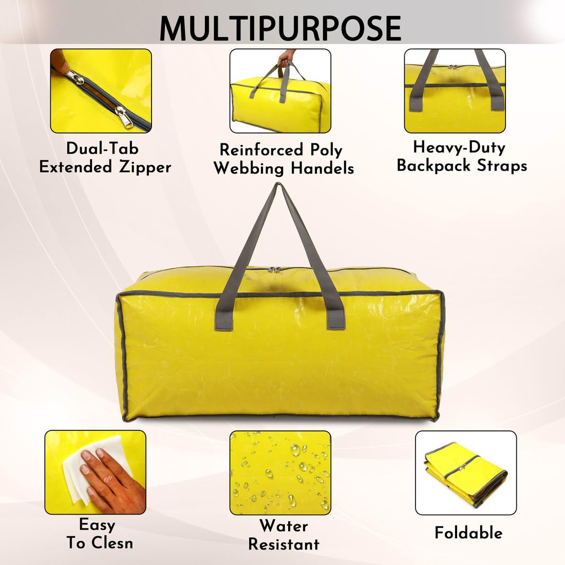 Double R Bags Polypropylene Woven Large Storage Bag with Handle for Clothes, Blankets & Quilts | Transparent, Yellow, 73.6x30.4x30.4cm | 1 Compartment | Foldable Multipurpose Organizer (Pack of 1)