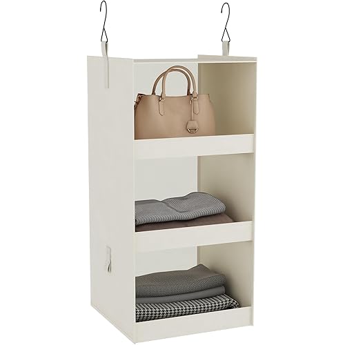 FLYBOX Closet Organizer and Storage, Collapsible Hanging Closet Organizer, 3 Shelf Sturdy Baby Closet Organizer & Ideal for RV,Camper Bed Side Closets Beige, 29 ¾" H X 12" W X 12" D, 1-Pack