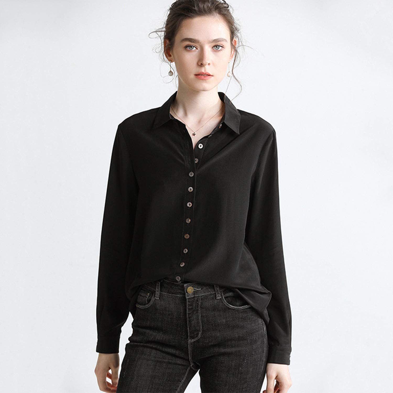 Camicia Chic di Seta Nera, Tuta Basic, Top A Manica Lunga, Blusa da Ufficio