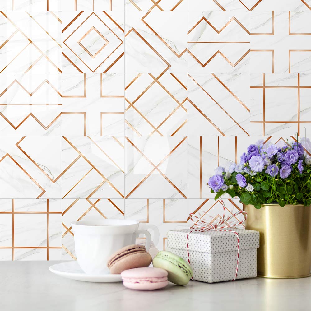 Rmjcxys Gold Tile Stickers 20X20 Cm Rose Geometry Stick On Tiles Peel And Stick Self Adhesive Wall Vinyl Home Decors Diy For Bathroom Kitchen Waterproof Oilproof Backsplash (10 Pcs)