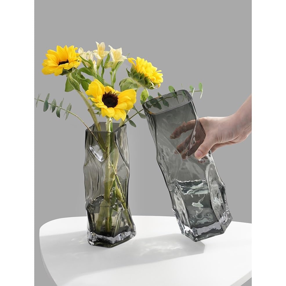 Decoración Jarrón de Cristal Gris con Efecto Ondulado soplado a Mano, Recipiente Decorativo Textura Alta for decoración del hogar Flores