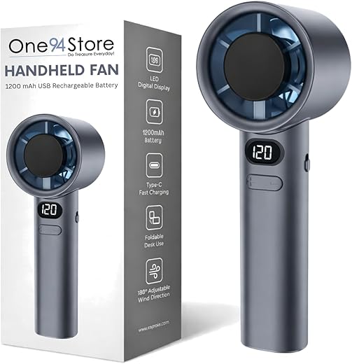 One94Store Handheld Rechargeable Fan, Portable Mini Electric Fan with 1200mAh Battery, 120 Speed Levels with Long-Press Speed Control, Personal Cooling Fan for Travel, Office & Home, Grey