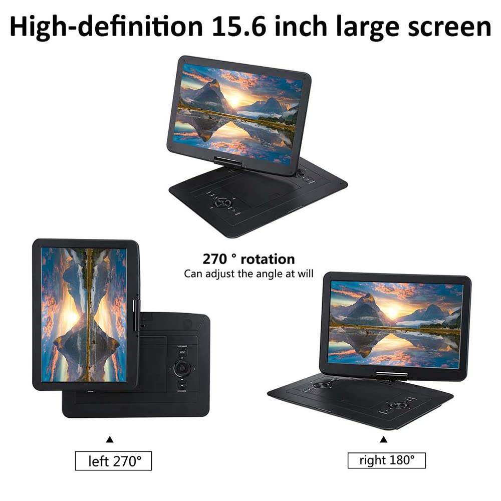 Lettore DVD portatile ad alta definizione con schermo girevole da 15,6", ampio display da 22", batteria da 8 ore, antiurto, ultima memoria, ingresso e uscita AV/supporto per schede USB/SD