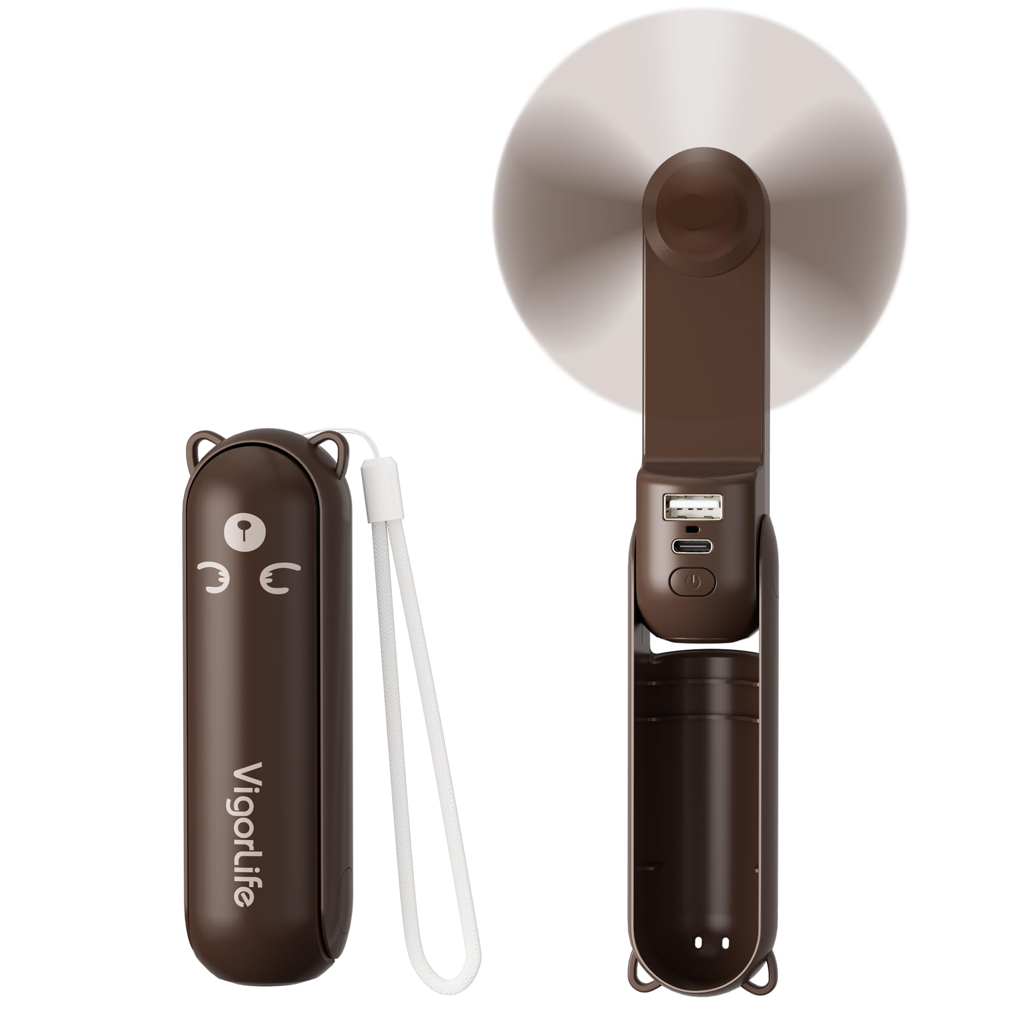 Morelax Ventilador de mano, mini ventilador 3 en 1, 2000 mAh, batería recargable, ventilador portátil USB, pequeño con función de linterna, gadgets de viaje, color marrón