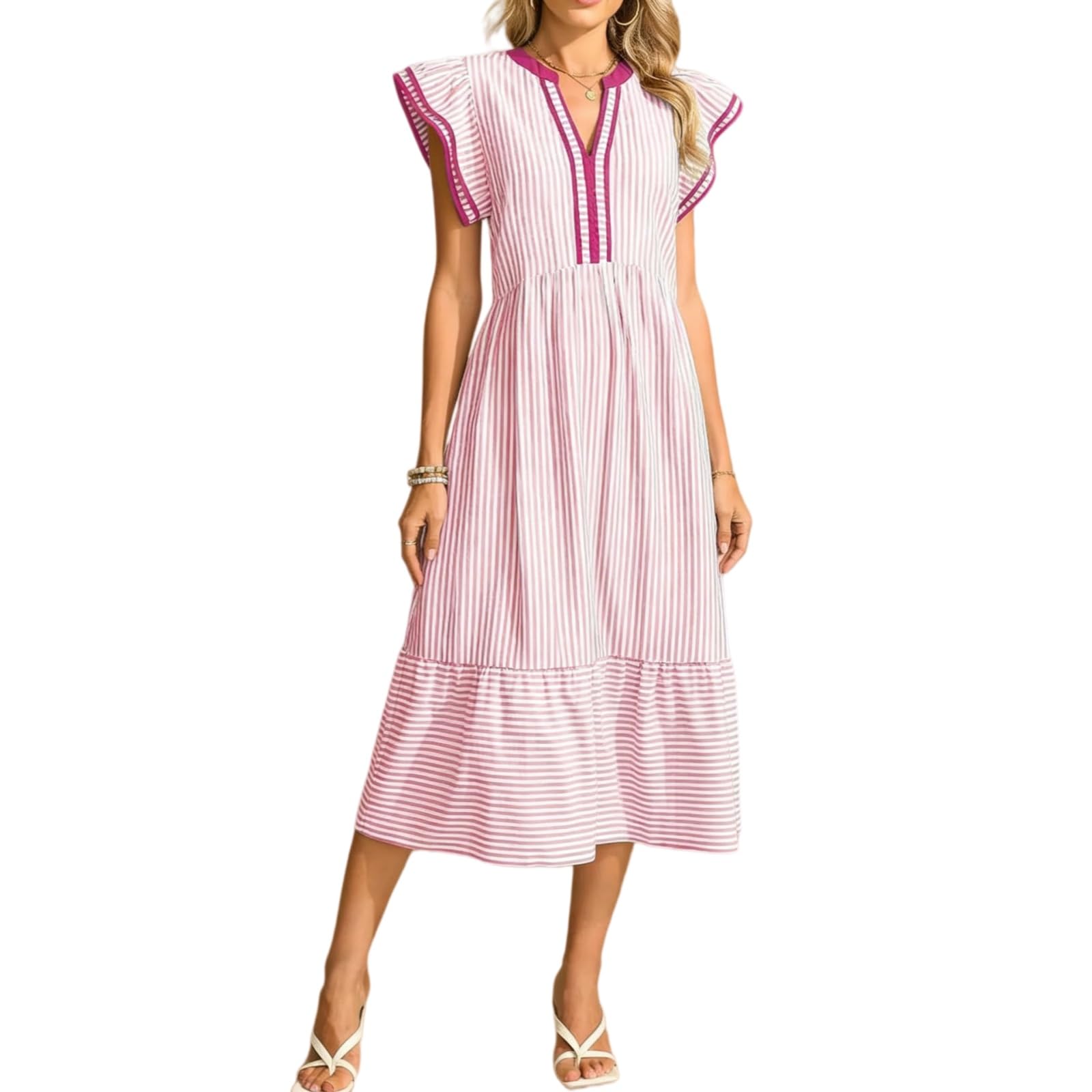 Abito Midi Estivo da Donna, Casual, con Scollo a V, Fantasia Gingham e Vita Impero – Abito Fluido a Righe, Midi-Maxi da Spiaggia