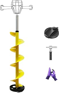 Nylon 8 Inch Ice Auger, 35.95 Inch Extended for Drilling Deep Ice Fishing Holes, Durable Polymer Auger Drill Bit for Ice Post Hole Digger w/Sharp Blade & Cover, Ice Auger Adapter with Handle-Yellow