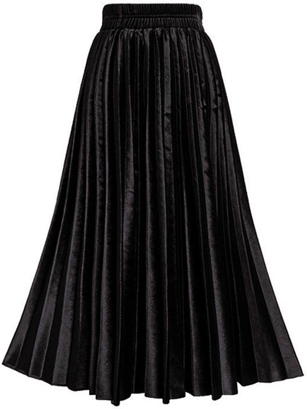 TONCHENGSD Women's High Elastic Waist Velvet Midi Long Pleated Swing Ruffled Skirt