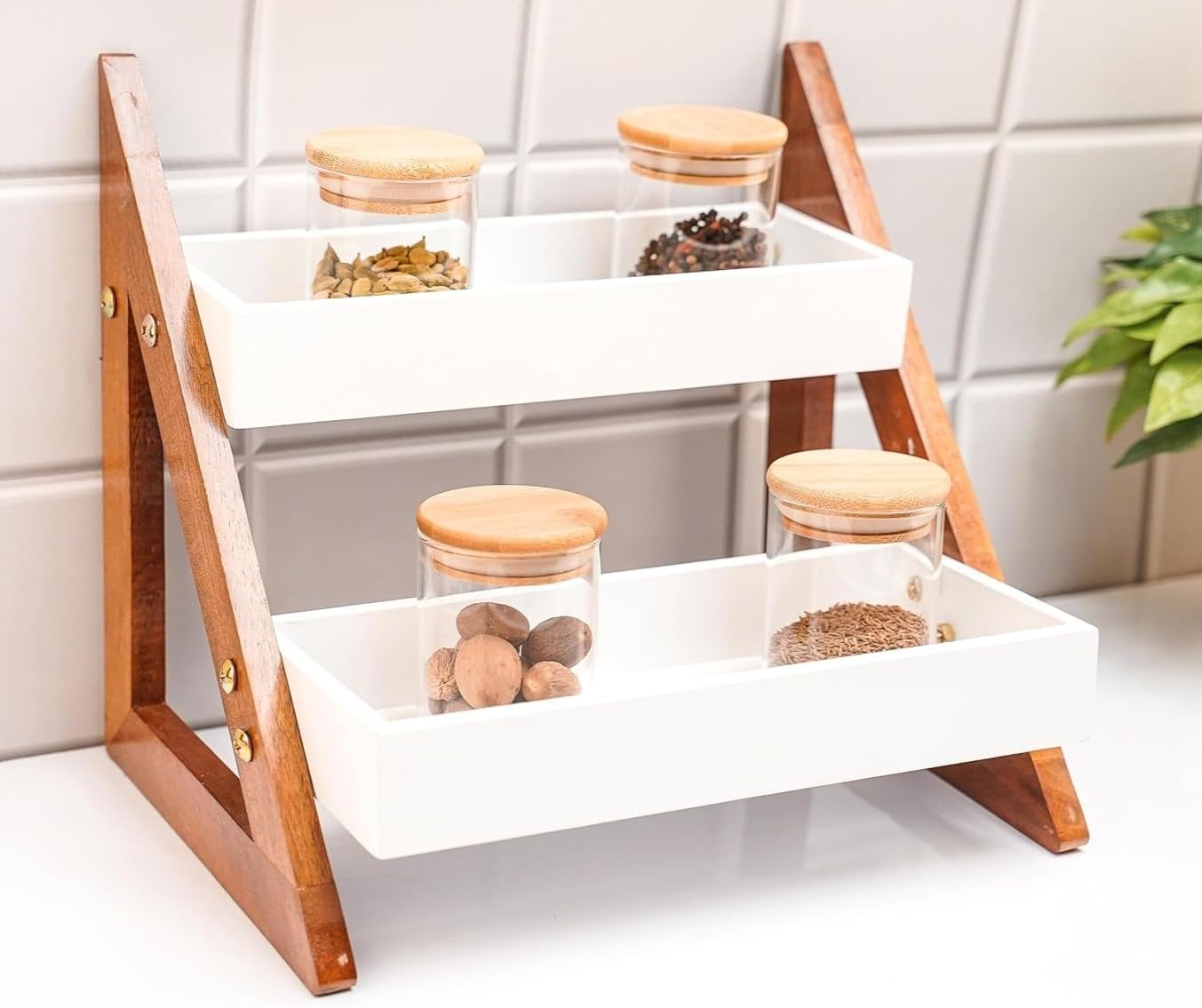 UHUD CRAFTS Multipurpose Wooden Triangluar Countertop Spice Rack | Kitchen Counter Top Organizer | 2-Tier Kitchen Storage Organizer Tiered Shelf| Jars And Bottle Holder & Kithen Decor Item