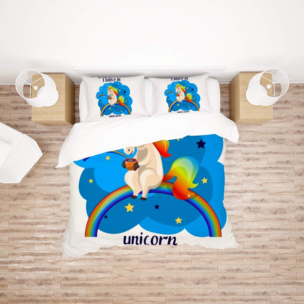 Parure de lit toutes saisons toucher peau de pêche motif licorne 3 pièces