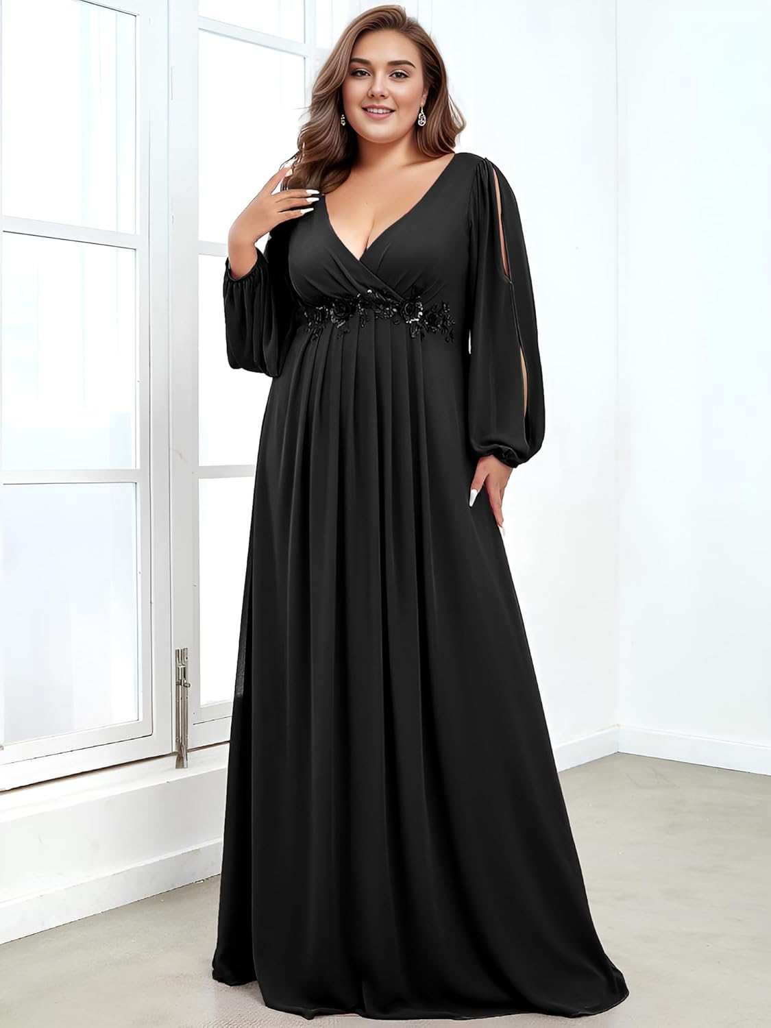 Ever-Pretty Plus Women's Formal Dress Floor Length V Neck Lantern Long Sleeves Applique Plus Size Mother of The Bride Dresses - Image 3