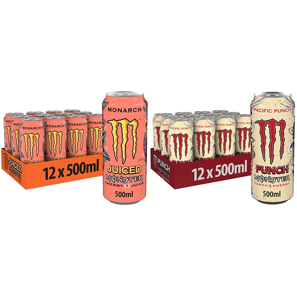 Monster Energy Monarch 12 x 500 ml Disposable Tin with a Mix of Peach and Nectarine & Pacific Punch 12 x 500 ml Disposable Tin with a Mix of Raspberry Guava and Cherry