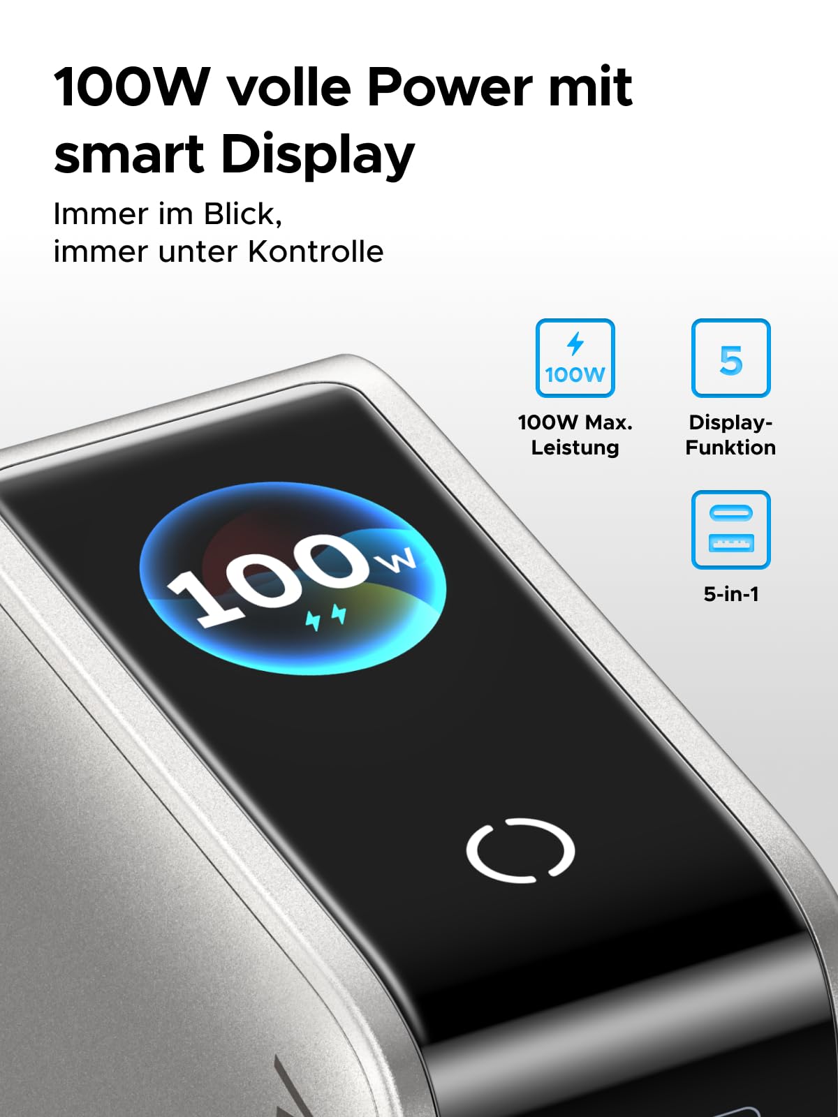UGREEN Nexode Pro 100W USB C Ladegerät, GaN Netzteil 5-Port mit Smart Display & Touch Control, Laptop Charger PPS Schnellladegerät kompatibel mit MacBook Pro/Air/Neo, iPad, iPhone 17, Galaxy S26, S25